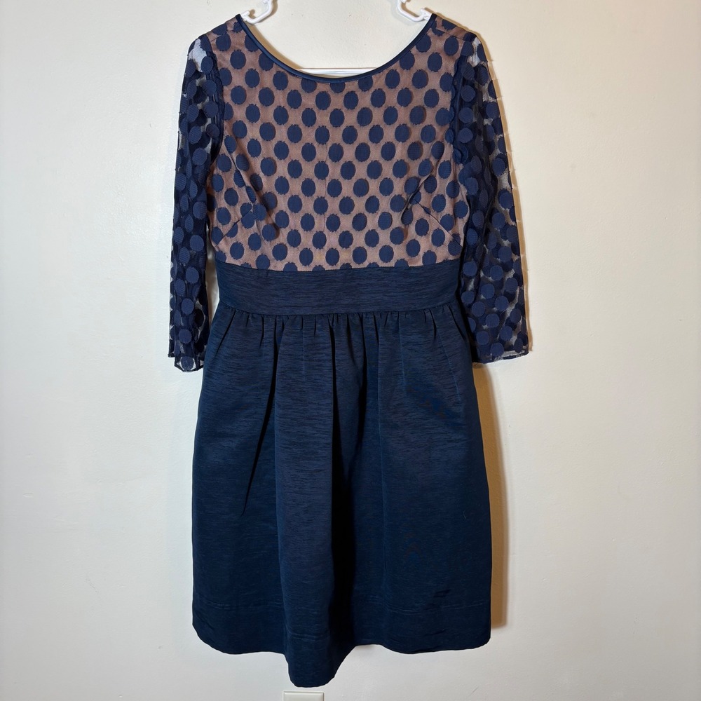 Eliza J Navy Dot Mesh Bodice Fit & Flare Dress Size 6‎